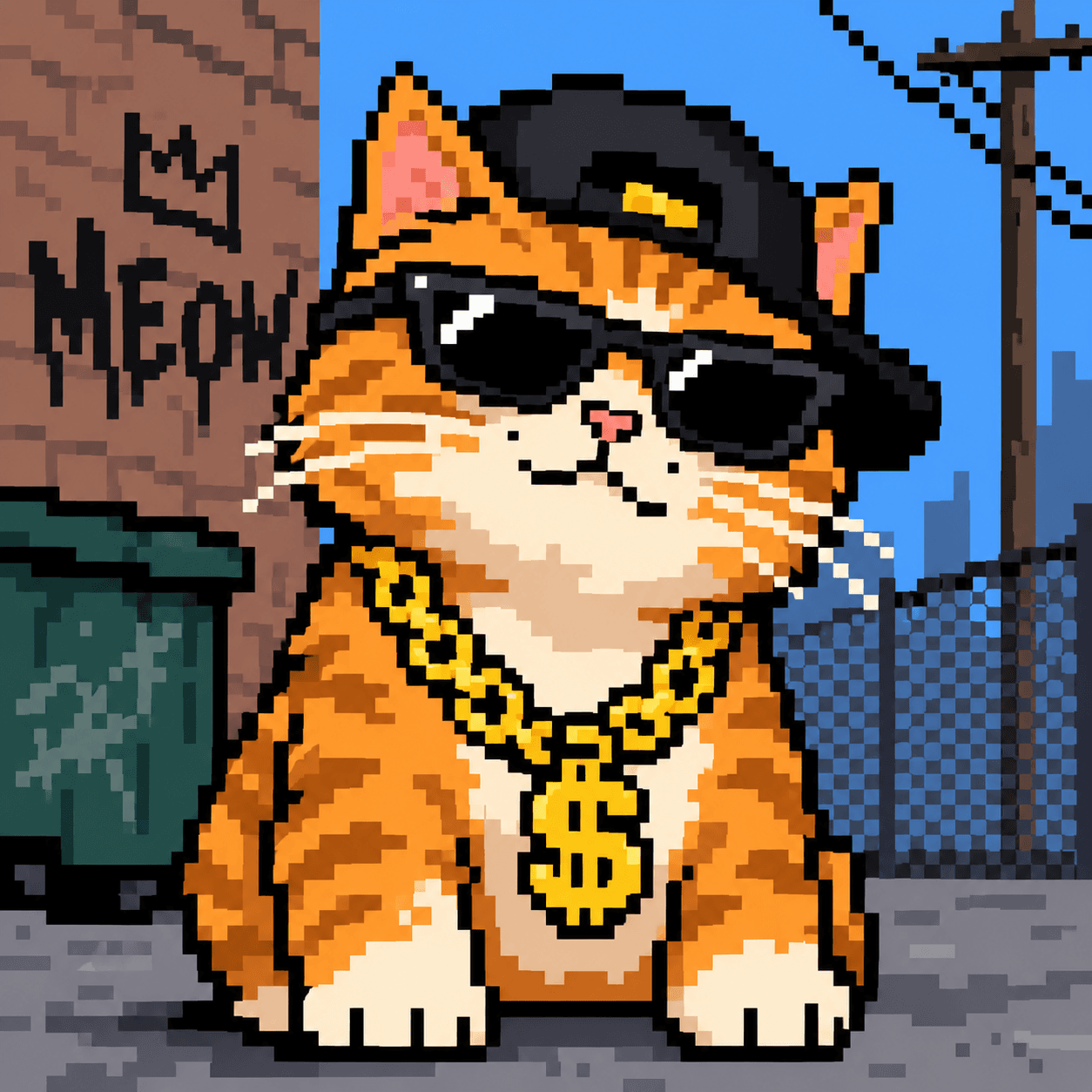 Pixel art orange cat in sunglasses, cap, and a gold dollar chain